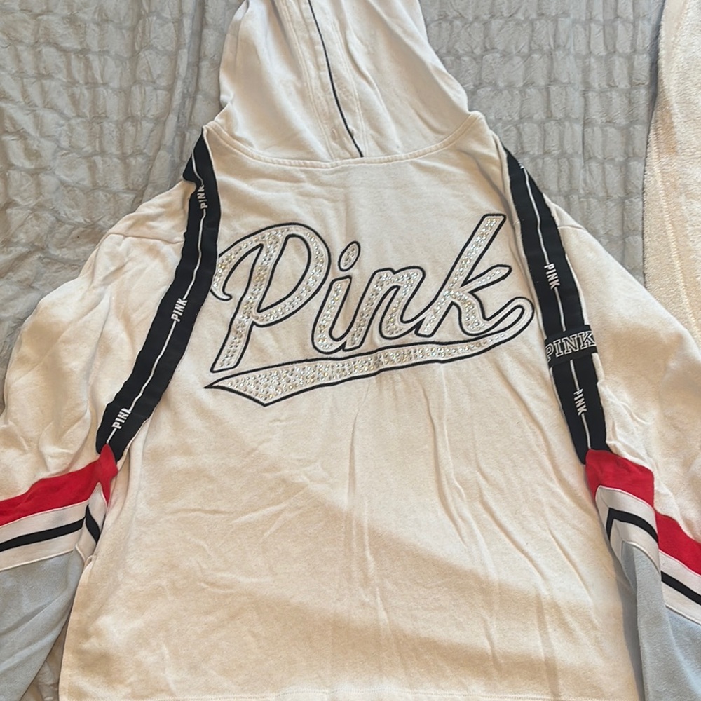 Pink Hoodie with Striped Sleeves